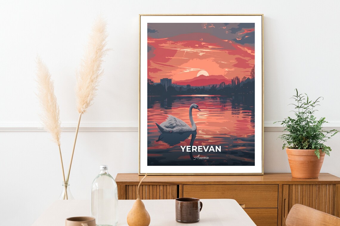 Yerevan Armenia Swan Lake Sunset Wildlife City Travel Poster - Image 2