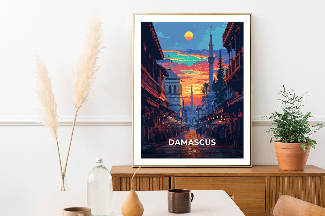 Damascus Old Souq Street Minaret Fiery Sunset Travel Scene Poster - Image 2