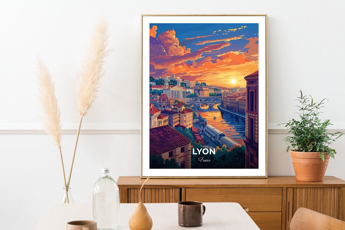 Lyon France Sunset Over the River Old Town Cityscape Art Poster - Image 2