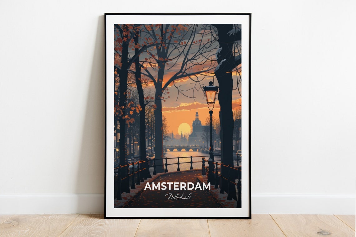 Amsterdam Autumn Canal Sunset Lamppost Glow Travel Scene Poster