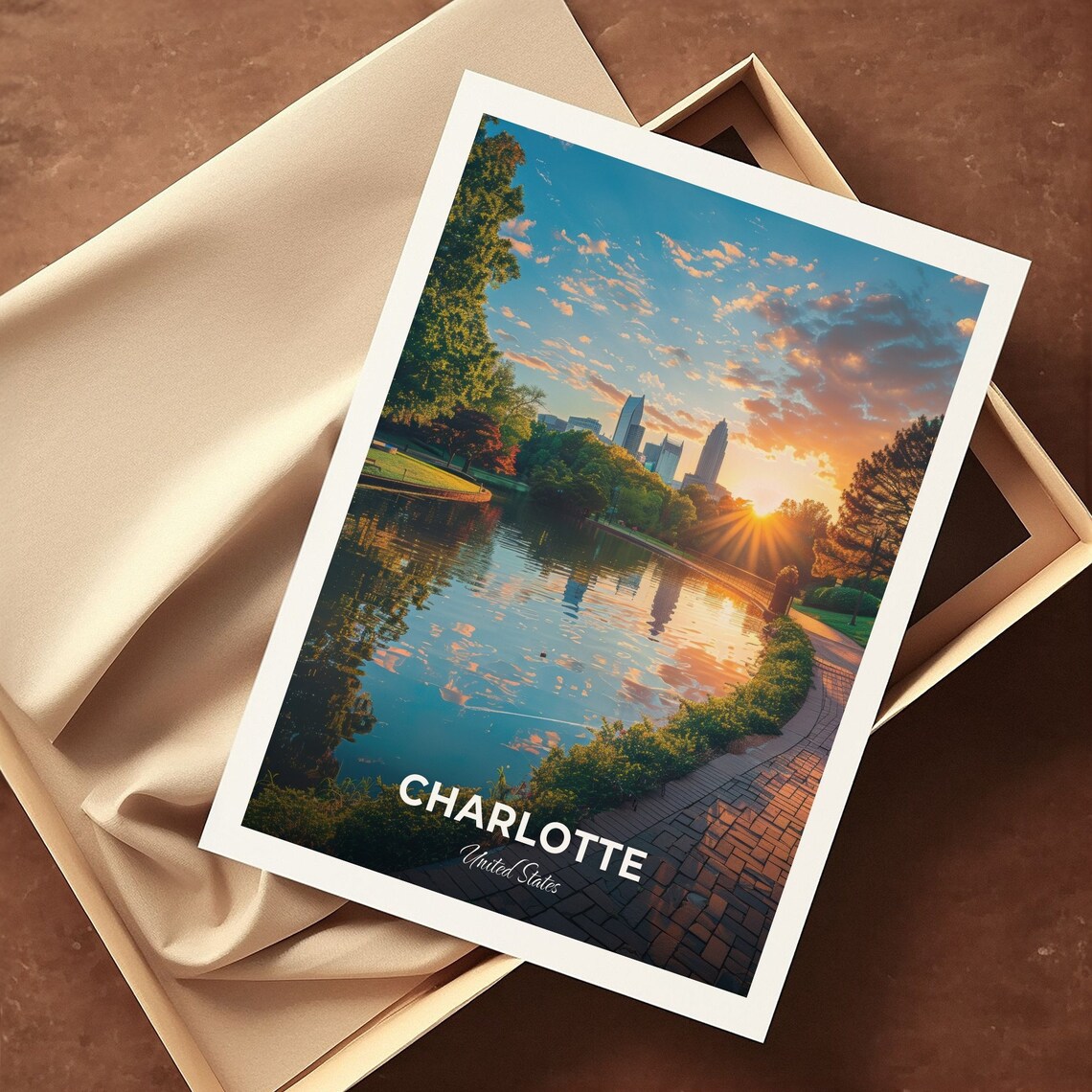 Charlotte North Carolina Park Lake Sunset Skyline Reflections Travel Poster - Image 3
