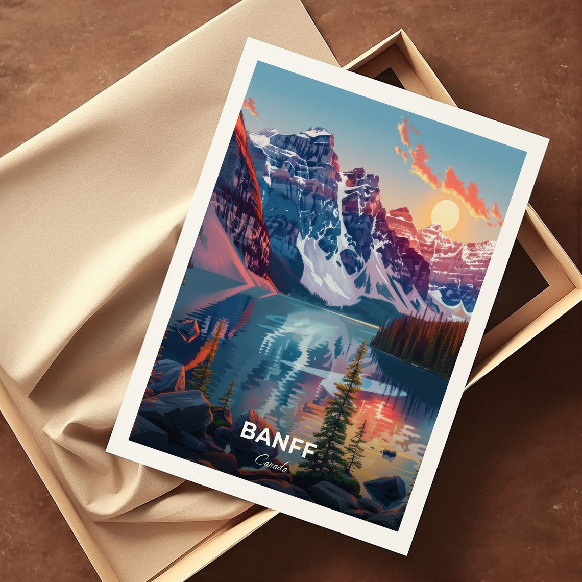 Banff Mountain Lake Sunset Snowy Peaks Reflection Travel Poster - Image 3