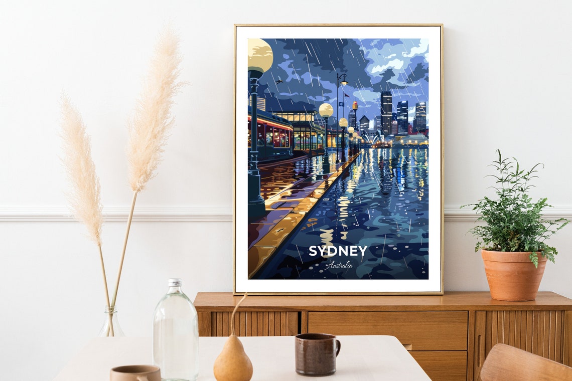 Sydney Darling Harbour Rainy Night City Lights Travel Scene Poster - Image 2