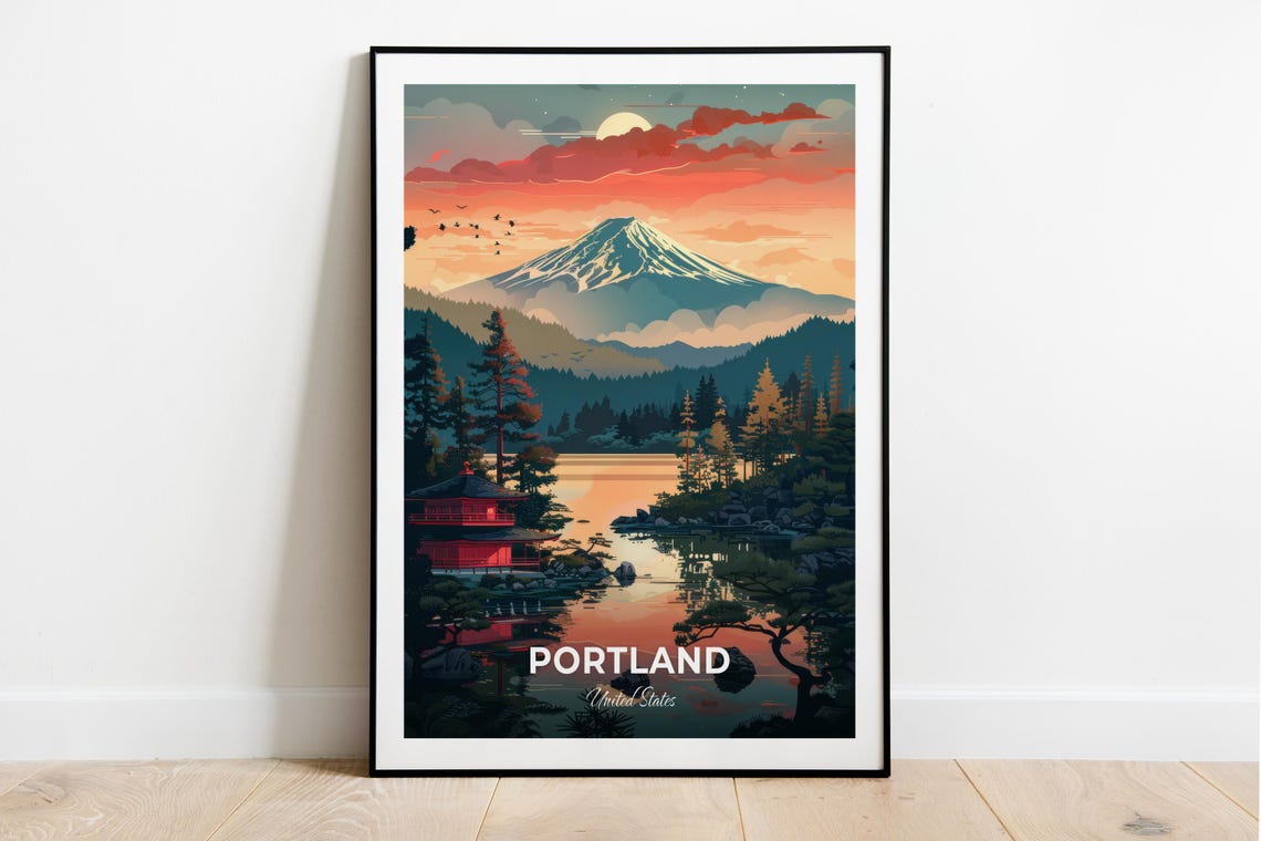 Portland Travel Poster Portland Japanese Garden City Print Cityscape Artwork Birthday Wedding Gift Wall Art Location Print