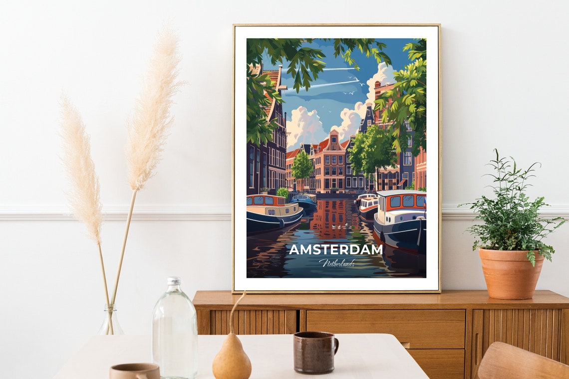 Amsterdam Netherlands Canal Houseboats Summer Day Travel Poster - Image 2