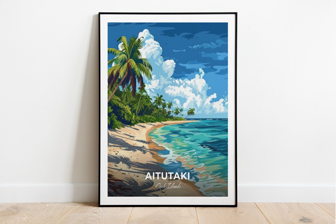 Aitutaki Cook Islands Curved Palm-Fringed Beach Travel Poster