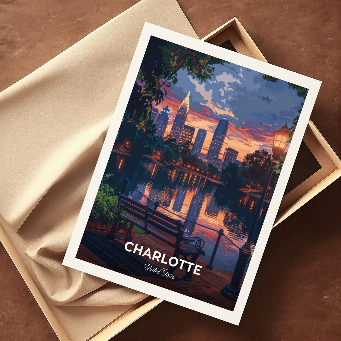 Charlotte USA Skyline Sunset Lakeside Park Bench Travel Poster - Image 3