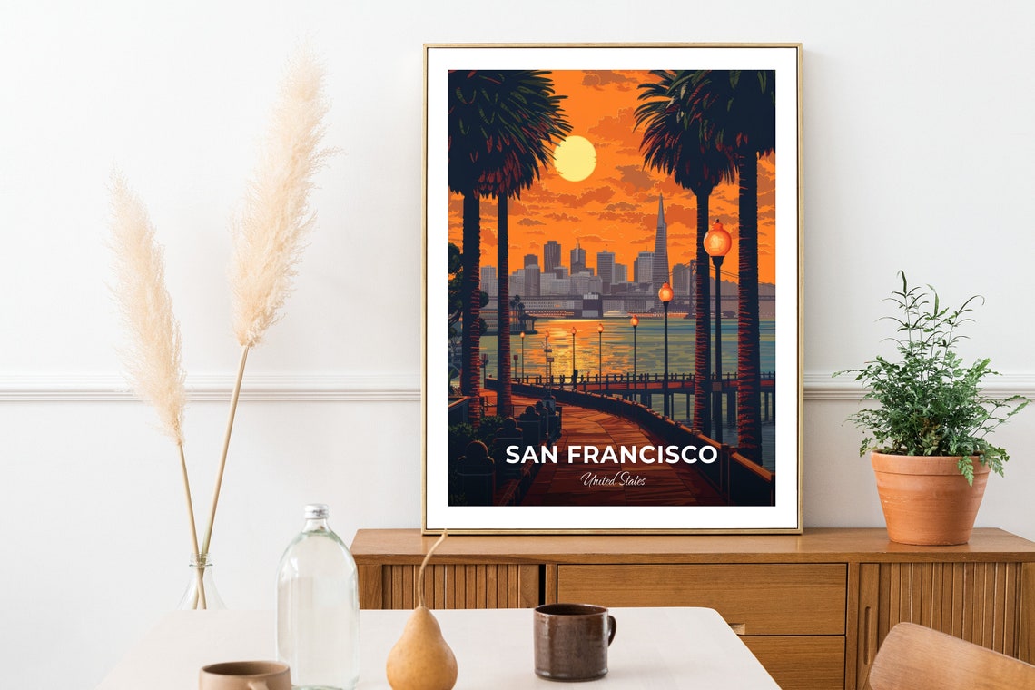 San Francisco Bayfront Pier Sunset Skyline Lamps Travel Scene Poster - Image 2