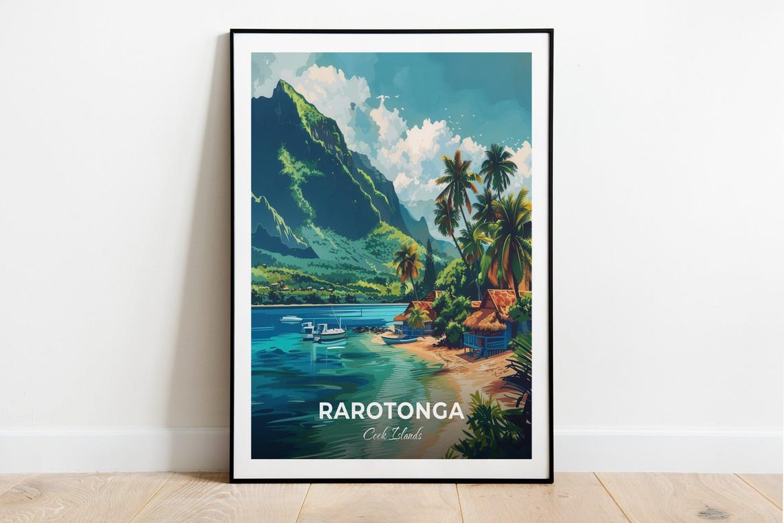 Rarotonga Cook Islands Mountain Beach Huts Boats Palm Travel Poster
