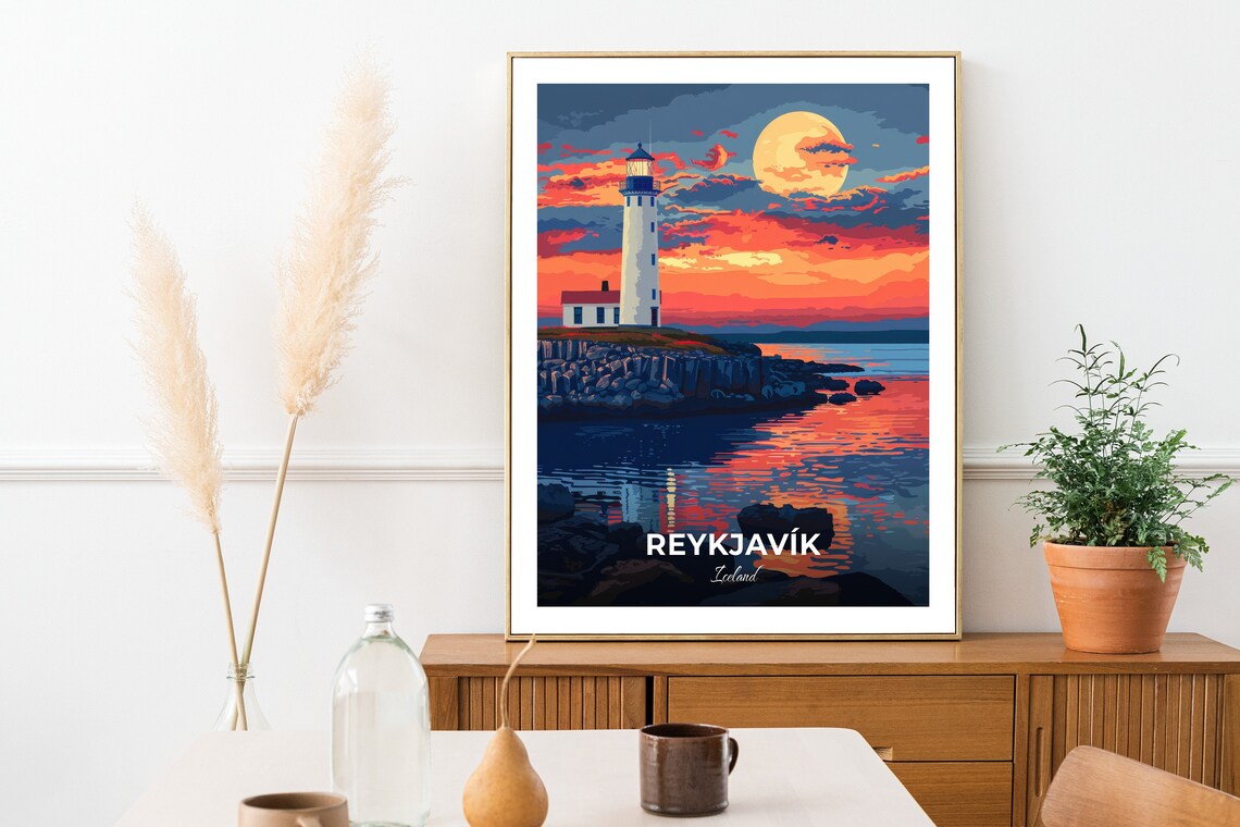 Reykjavik Iceland Lighthouse Sunset Moon Coastal Travel Poster - Image 2