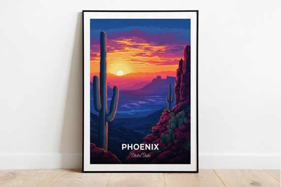 Phoenix Camelback Mountain Saguaro Sunset United States Travel Poster