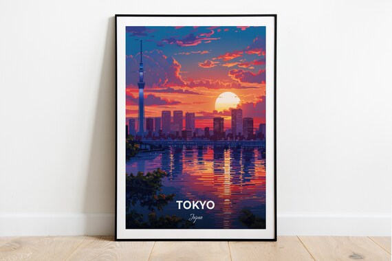 Tokyo Odaiba Sunset Skyline Skytree Tower Water Reflections Travel Poster