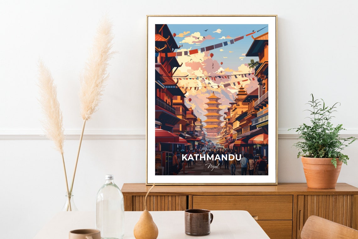 Kathmandu Nepal Thamel Street Pagoda Crowd Flags Travel Poster - Image 2