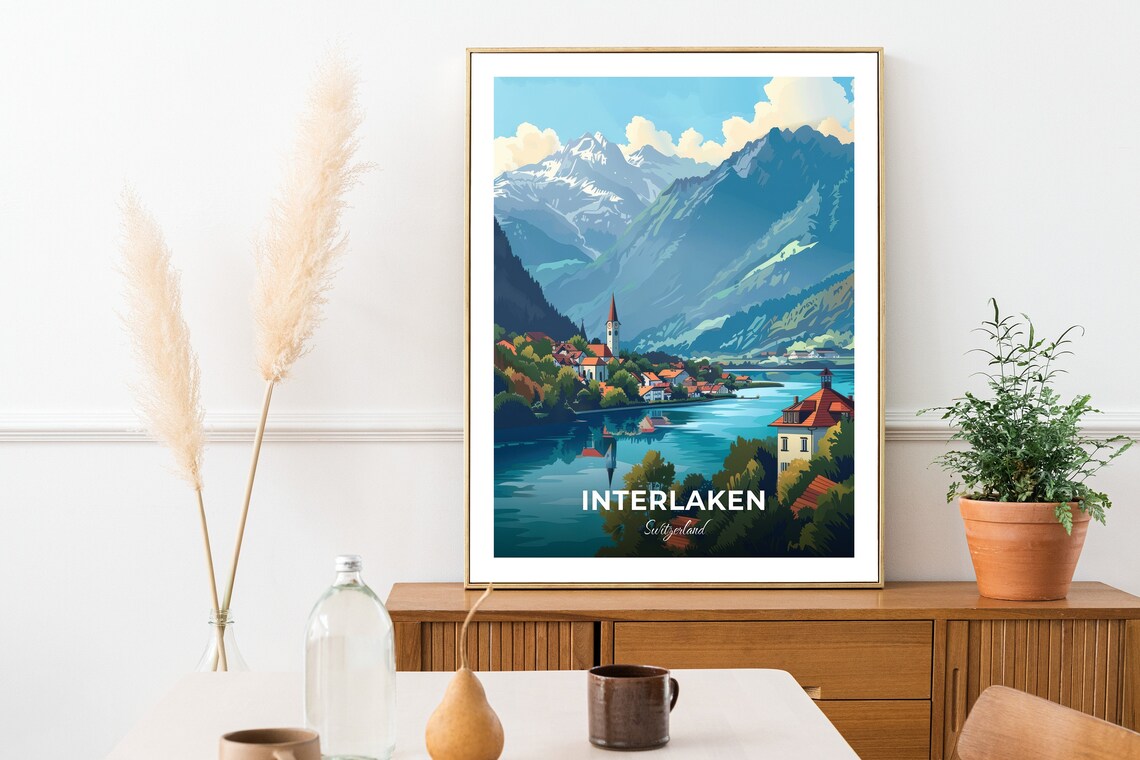 Interlaken Aare River Alpine Village Church Lake View Travel Poster - Image 2