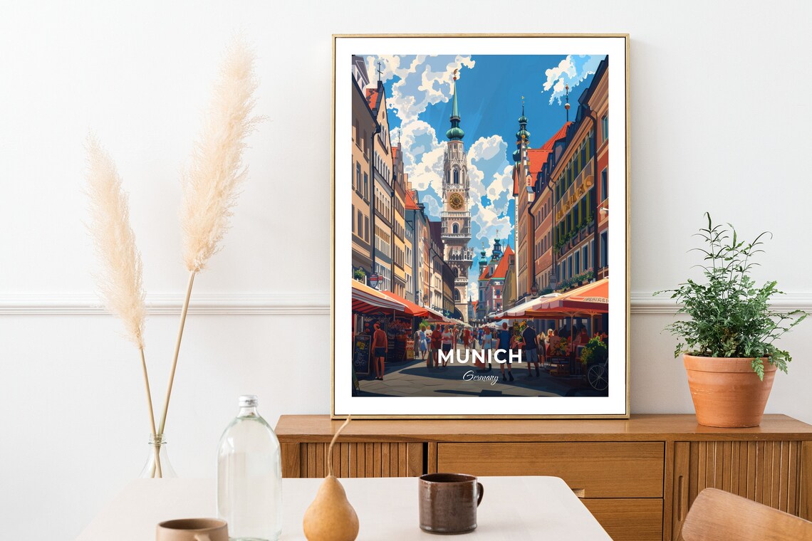 Munich Viktualienmarkt Street Market Church Tower Travel Poster - Image 2