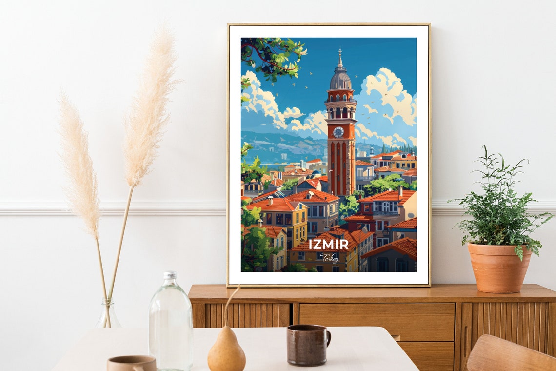 Izmir Historic Clock Tower Over Red Rooftops Turkey Travel Poster - Image 2