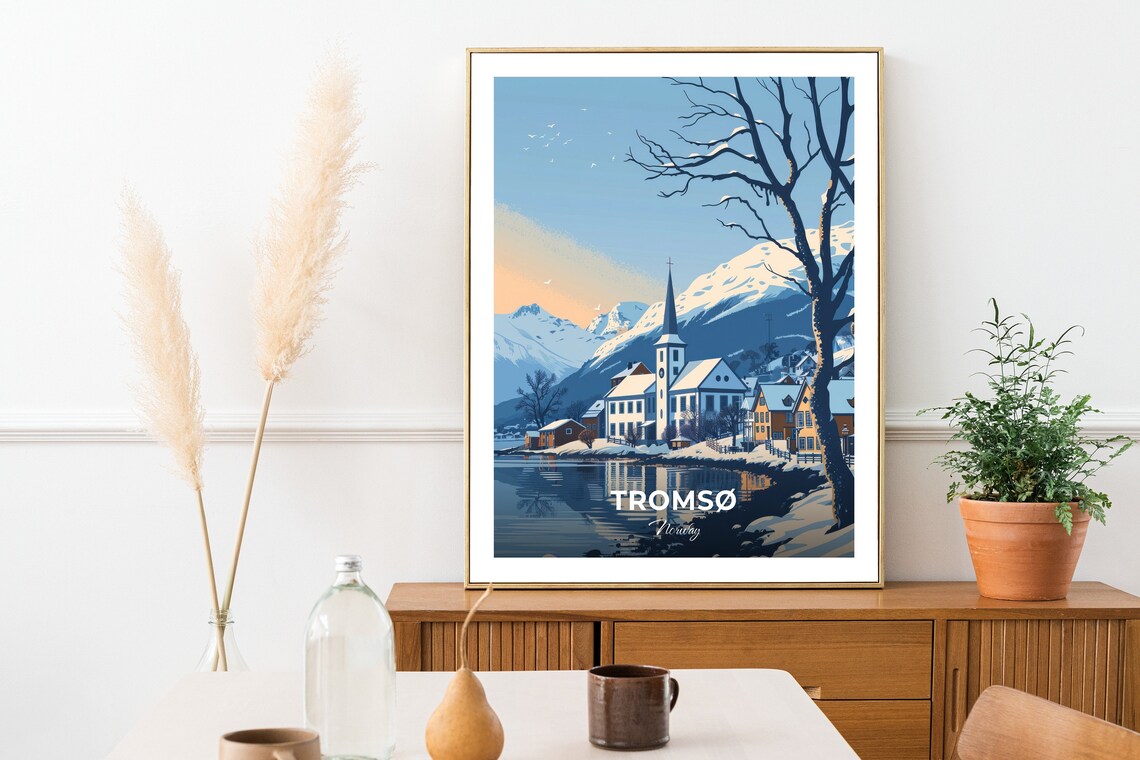 Tromso Norway Winter Village Church Snowy Mountains Fjord Poster - Image 2