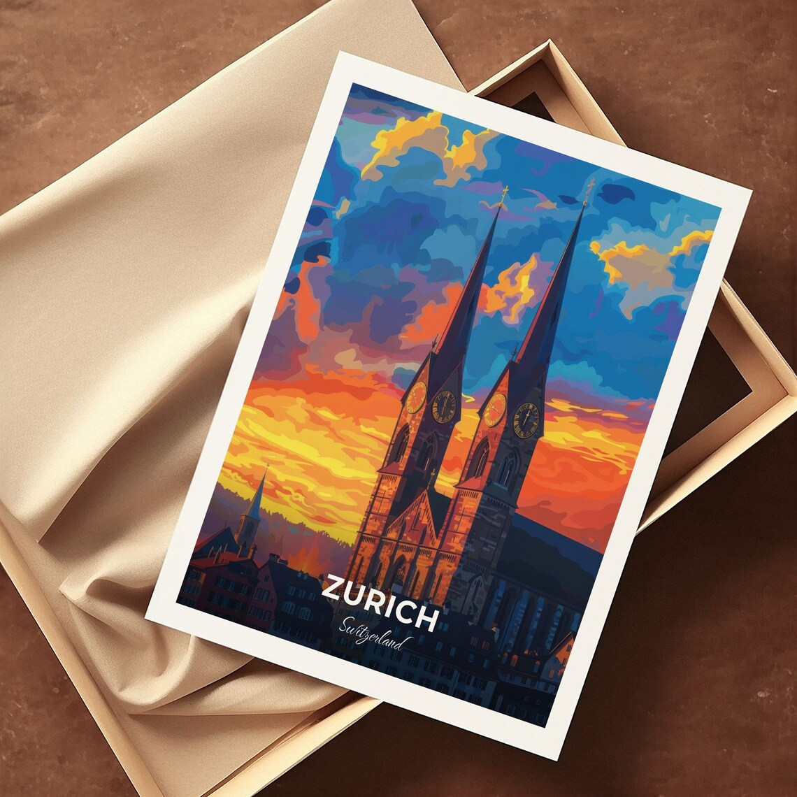 Zurich Switzerland Twin Church Towers Under Fiery Sunset Sky Poster - Image 3