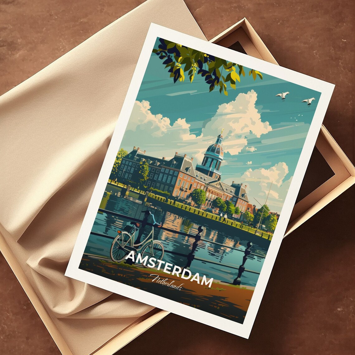 Amsterdam Netherlands Canal Bridge Bicycle Before Historic Palace Poster - Image 3