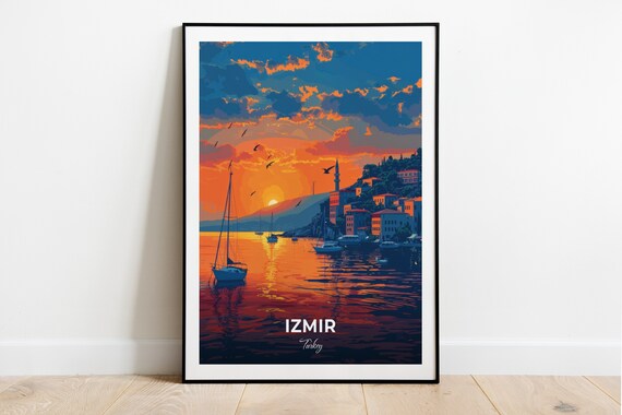 Izmir Asansor Sunset Bay Sailboats Mosque Turkey Travel Poster
