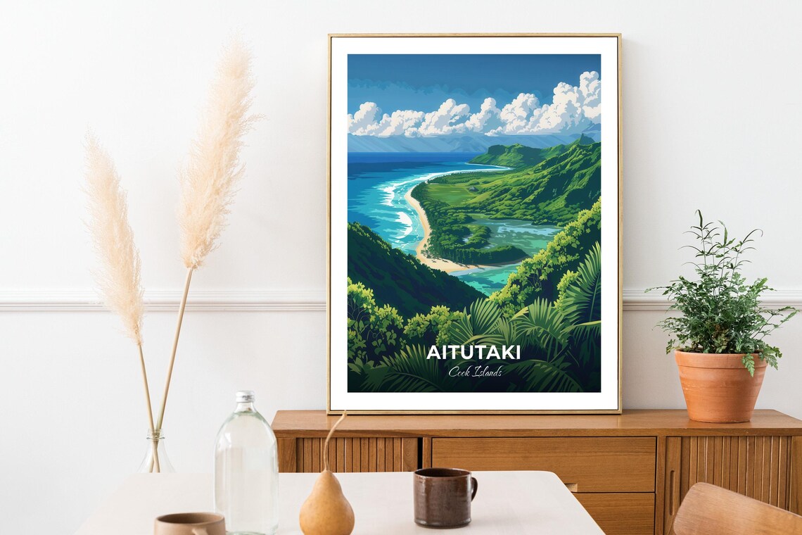 Aitutaki Cook Islands Tropical Lagoon Aerial Island Travel Poster - Image 3