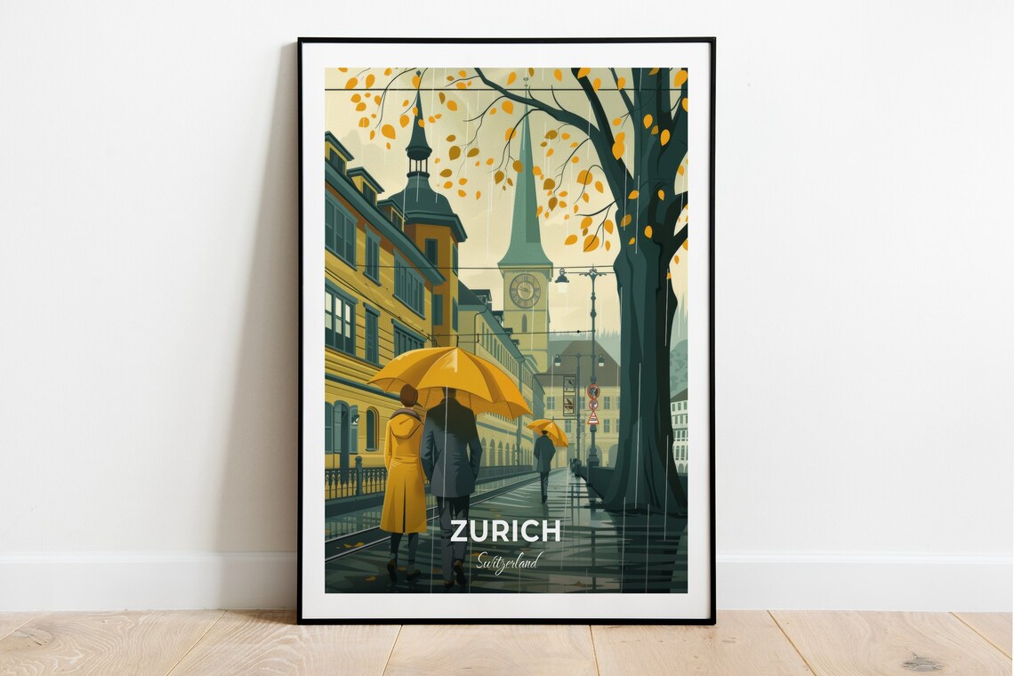 Zurich Switzerland Rainy Old Town Street Umbrellas Couple Art Poster