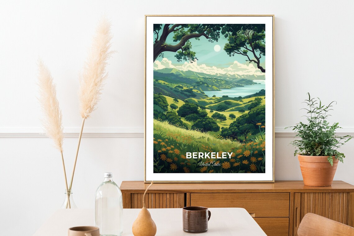 Berkeley California Rolling Green Hills Lake Wildflowers Poster - Image 2
