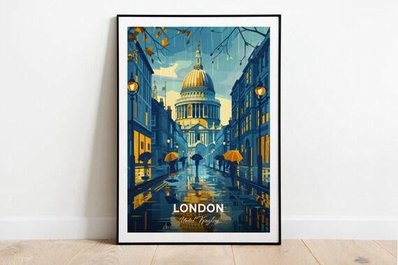 London England St Pauls Cathedral Rainy Umbrella Scene Poster
