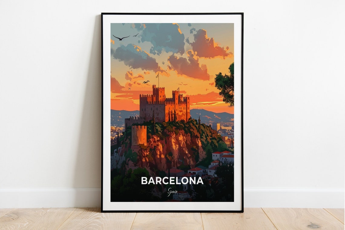 Barcelona Montjuic Castle Hilltop Sunset Over the City Travel Poster