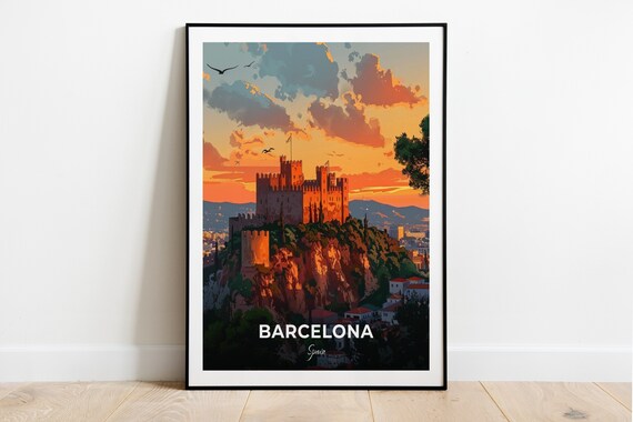 Barcelona Montjuic Castle Hilltop Sunset Over the City Travel Poster