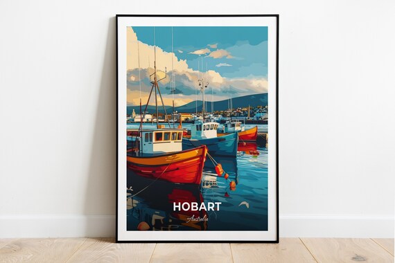 Hobart Australia Colorful Fishing Boats in Harbor Travel Poster