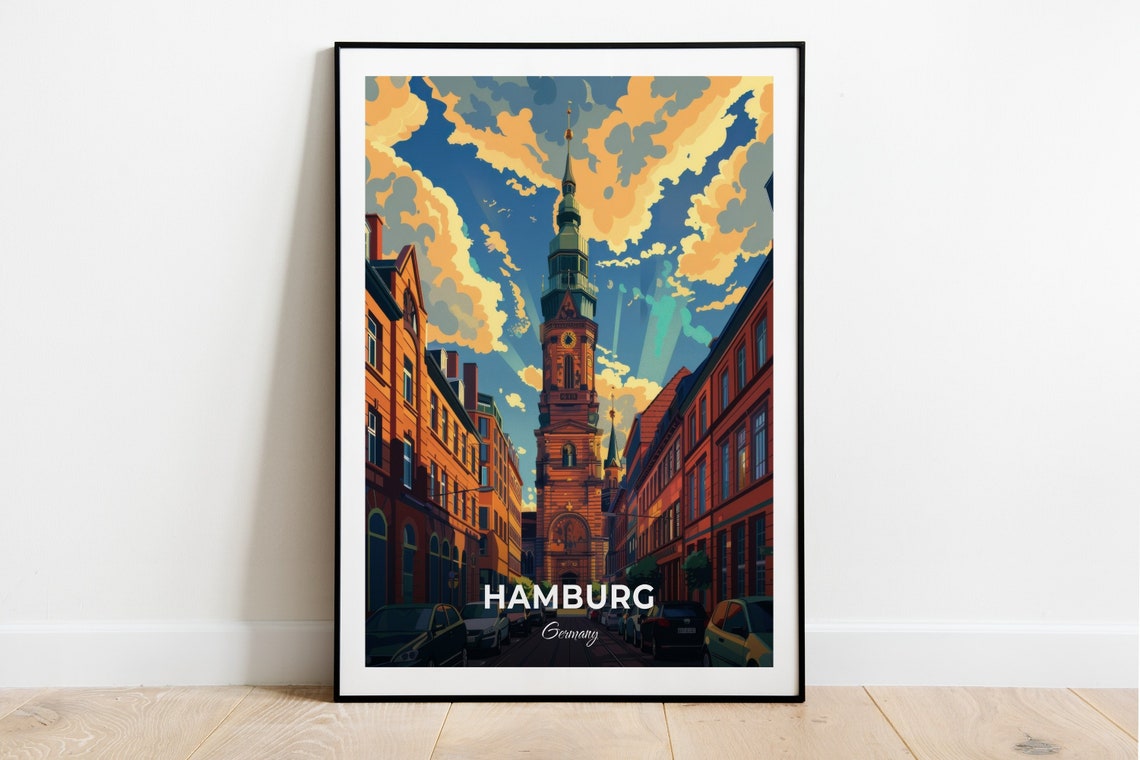 Hamburg Germany Saint Michaelis Church Tower Vintage Travel Poster