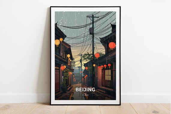 Beijing China Rainy Hutong Lantern Street Evening Travel Poster