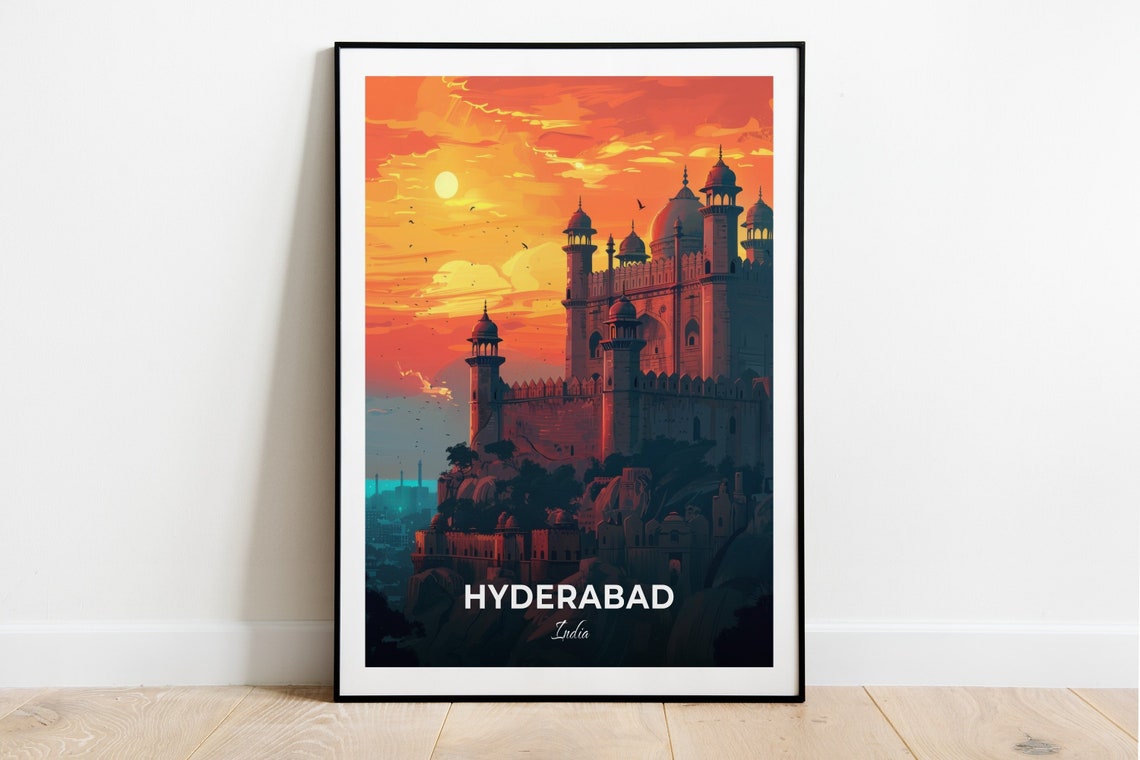 Hyderabad Golconda Fort Hilltop Sunset Fortress Travel Poster