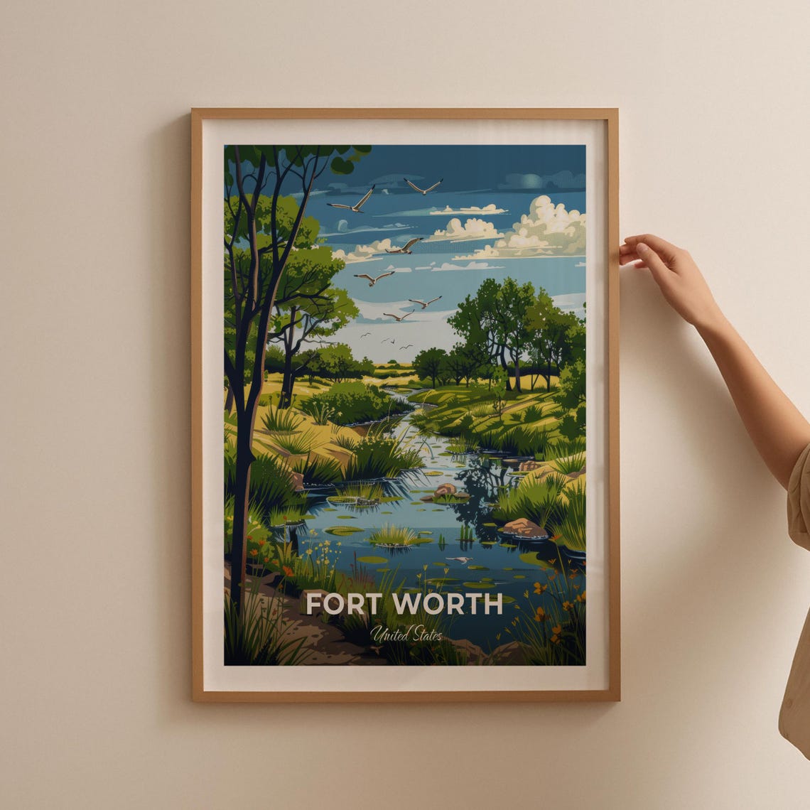 Fort Worth Texas Creek Wetland Birds Nature Scene Travel Poster - Image 2