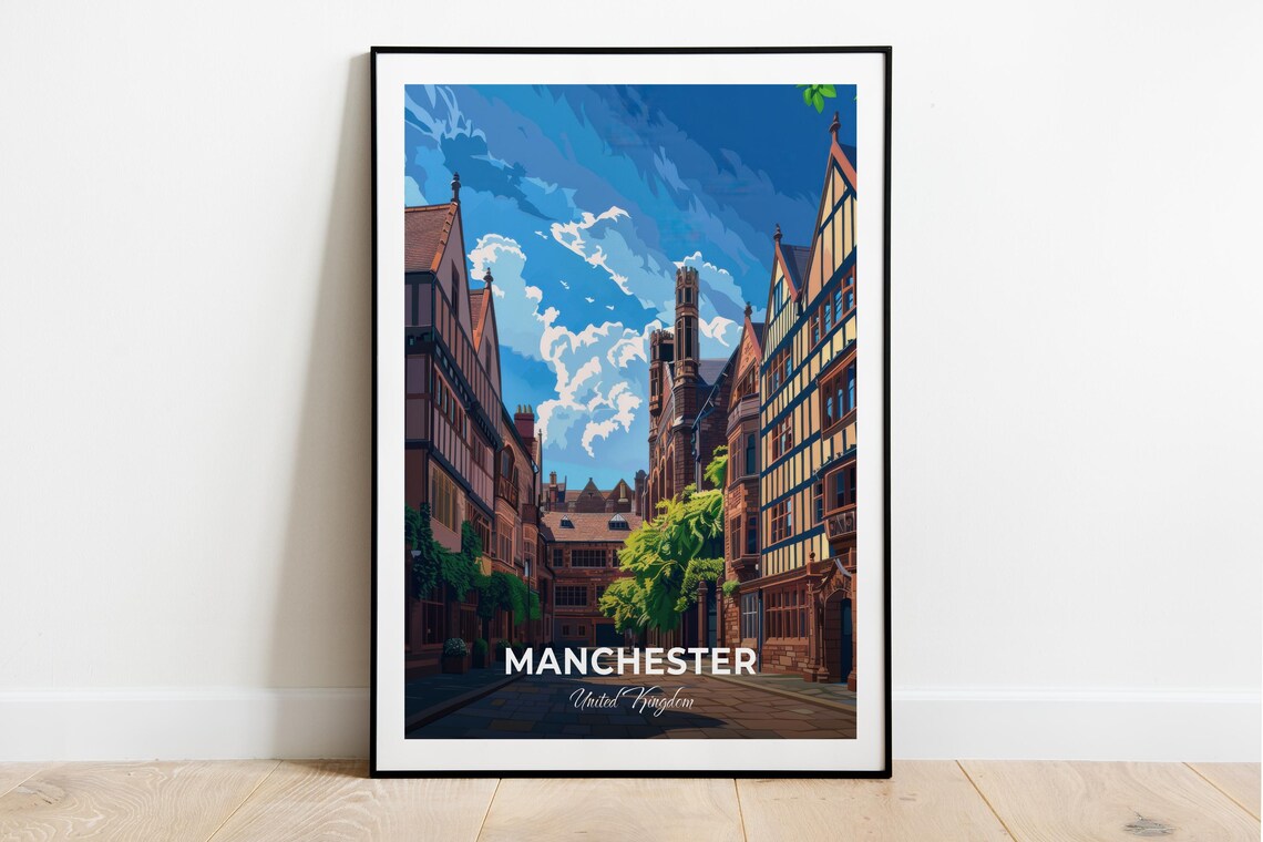 Manchester England Historic Timber Framed Street Vintage Travel Poster