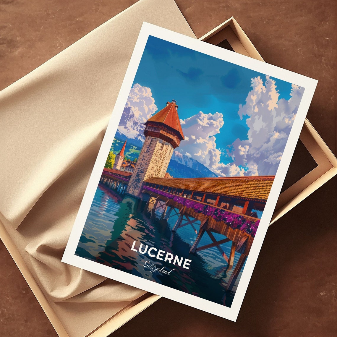 Lucerne Switzerland Chapel Bridge Water Tower Flowers Lake Poster - Image 3