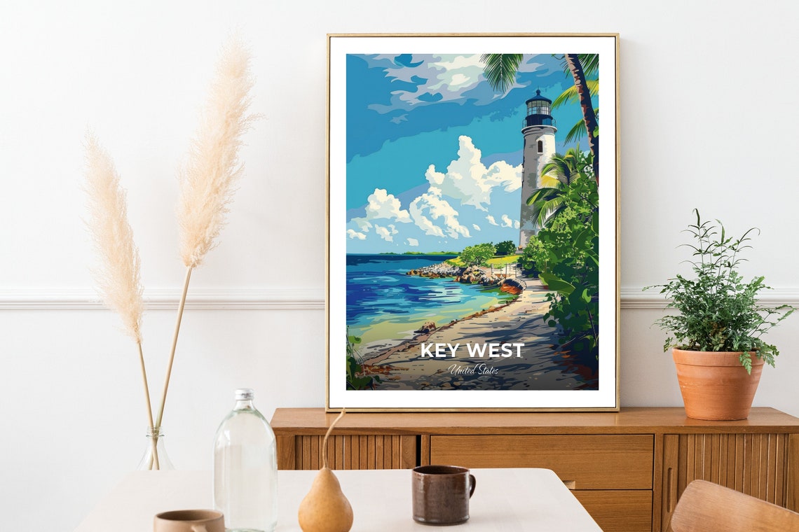 Key West Lighthouse Beach Tropical Shoreline Scene Travel Poster - Image 2