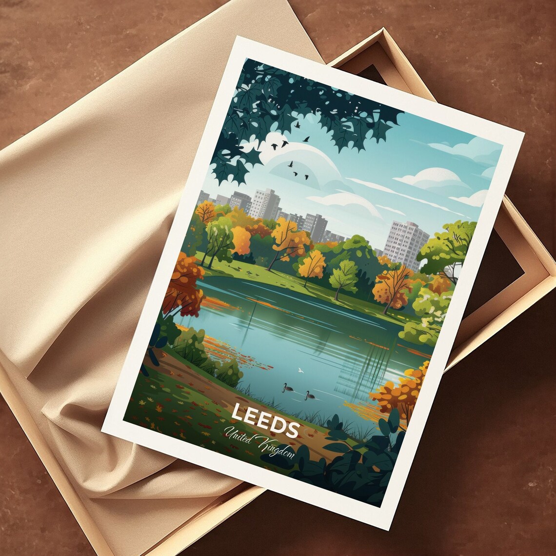Leeds Roundhay Park Autumn Lake Trees City Skyline Travel Poster - Image 3