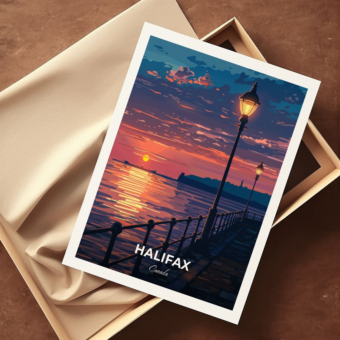 Halifax Canada Harbor Sunset Boardwalk Lamps Evening Travel Poster - Image 3