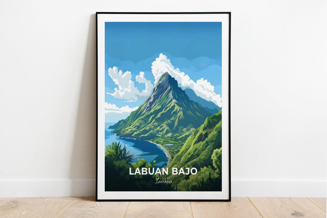 Labuan Bajo Indonesia Green Volcano Peak Bay View Travel Poster