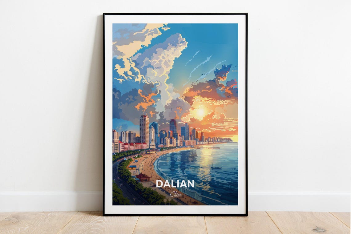Dalian China Sunset Bay Beach Skyline Golden Hour Glow Poster