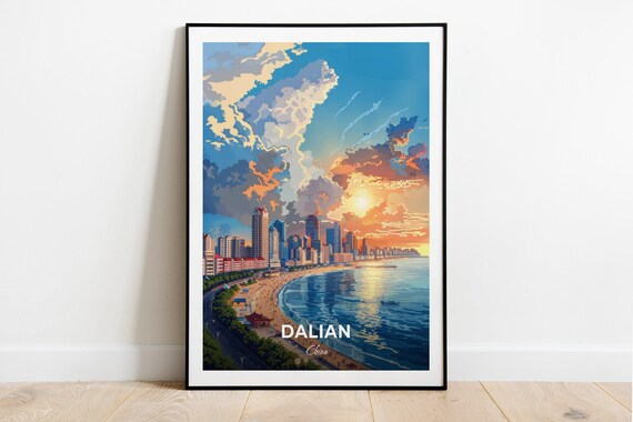 Dalian China Sunset Bay Beach Skyline Golden Hour Glow Poster