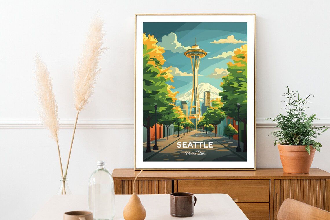 Seattle Space Needle with Mount Rainier Street View Travel Poster - Image 2