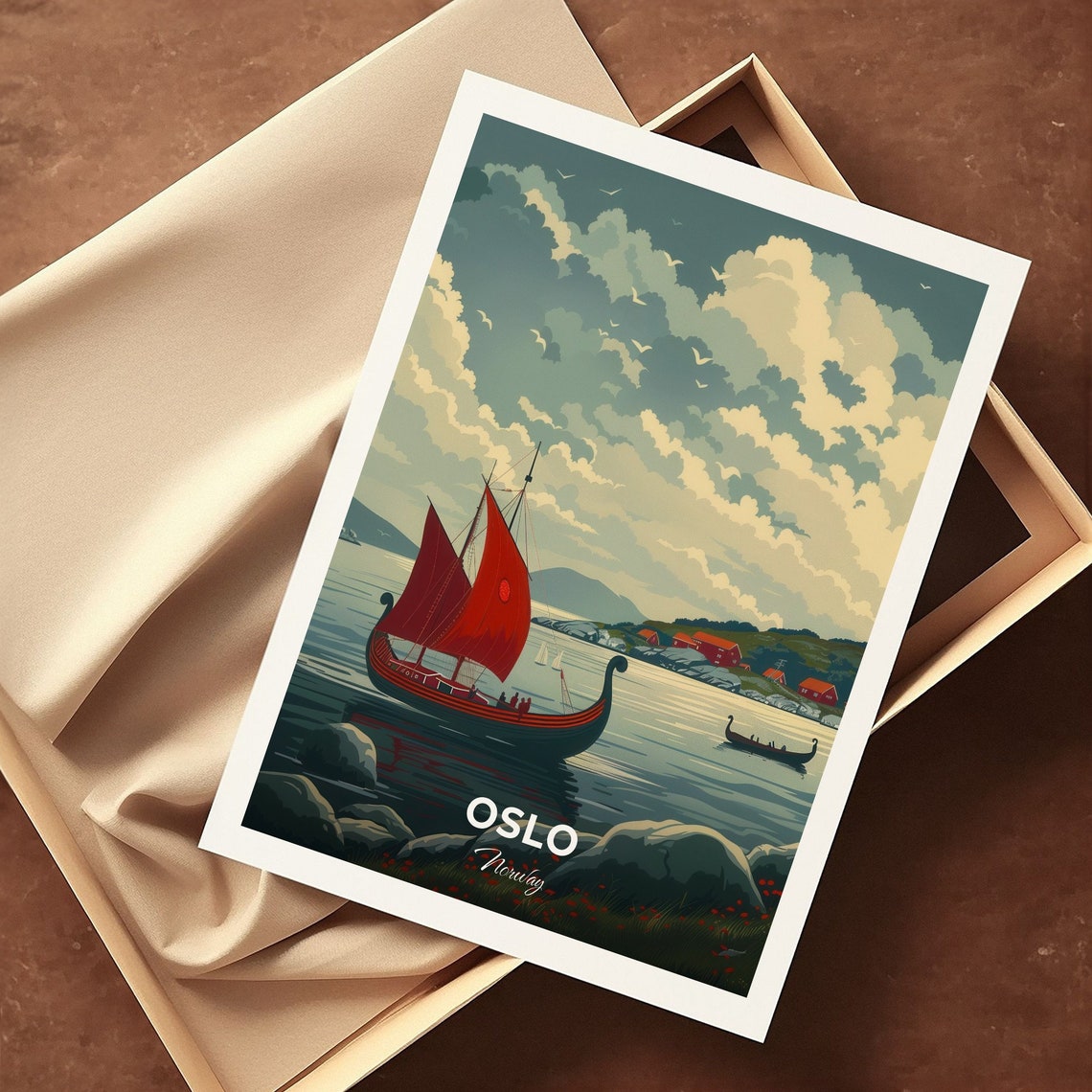 Oslo Viking Ship with Red Sails on the Glassy Fjord Travel Poster - Image 3