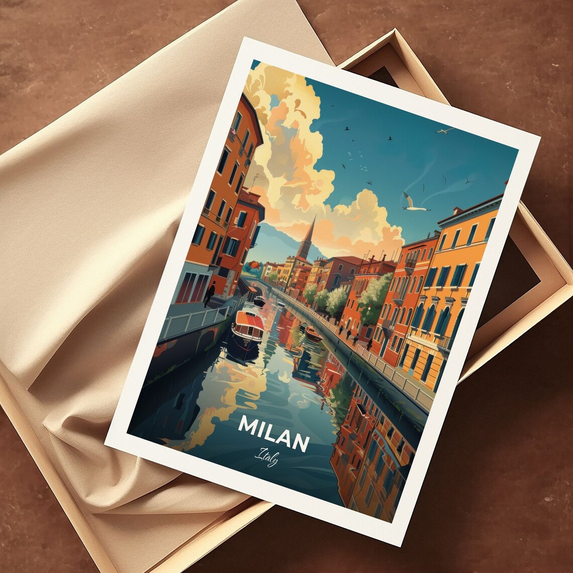 Milan Navigli District Canal Boats Reflections Evening Travel Poster - Image 3