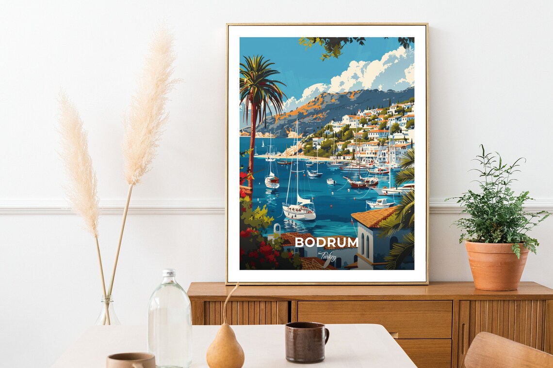 Bodrum Harbour Sailboats Hillside Turkey Coast Vintage Travel Poster - Image 3