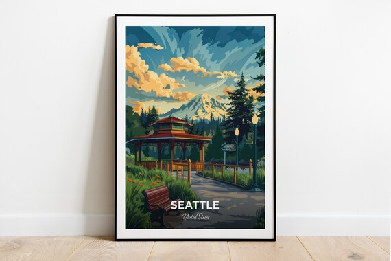 Seattle Woodland Park Pavilion Snow Capped Mountain View Travel Poster