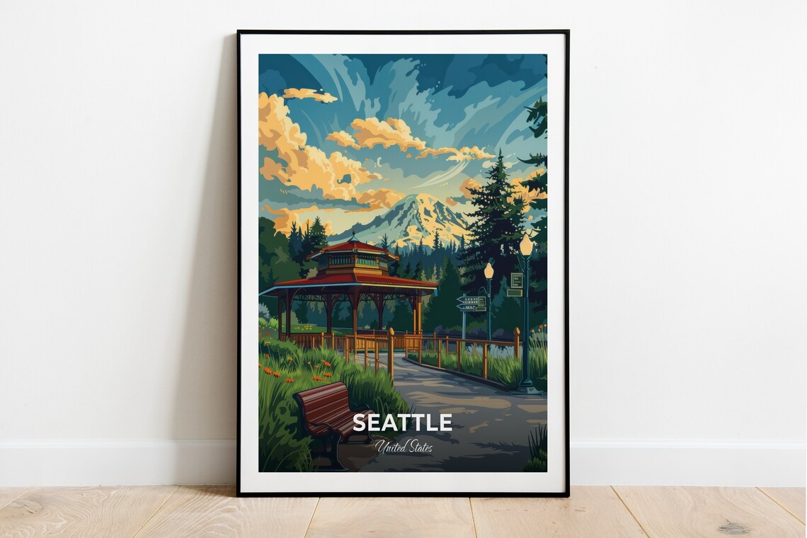 Seattle Woodland Park Pavilion Snow Capped Mountain View Travel Poster