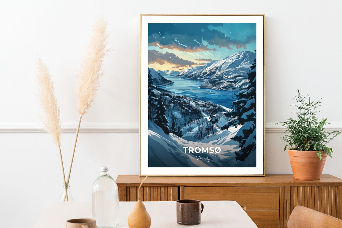 Tromso Norway Jiehkkevrri Mountain Snowy Fjord Travel Poster - Image 2